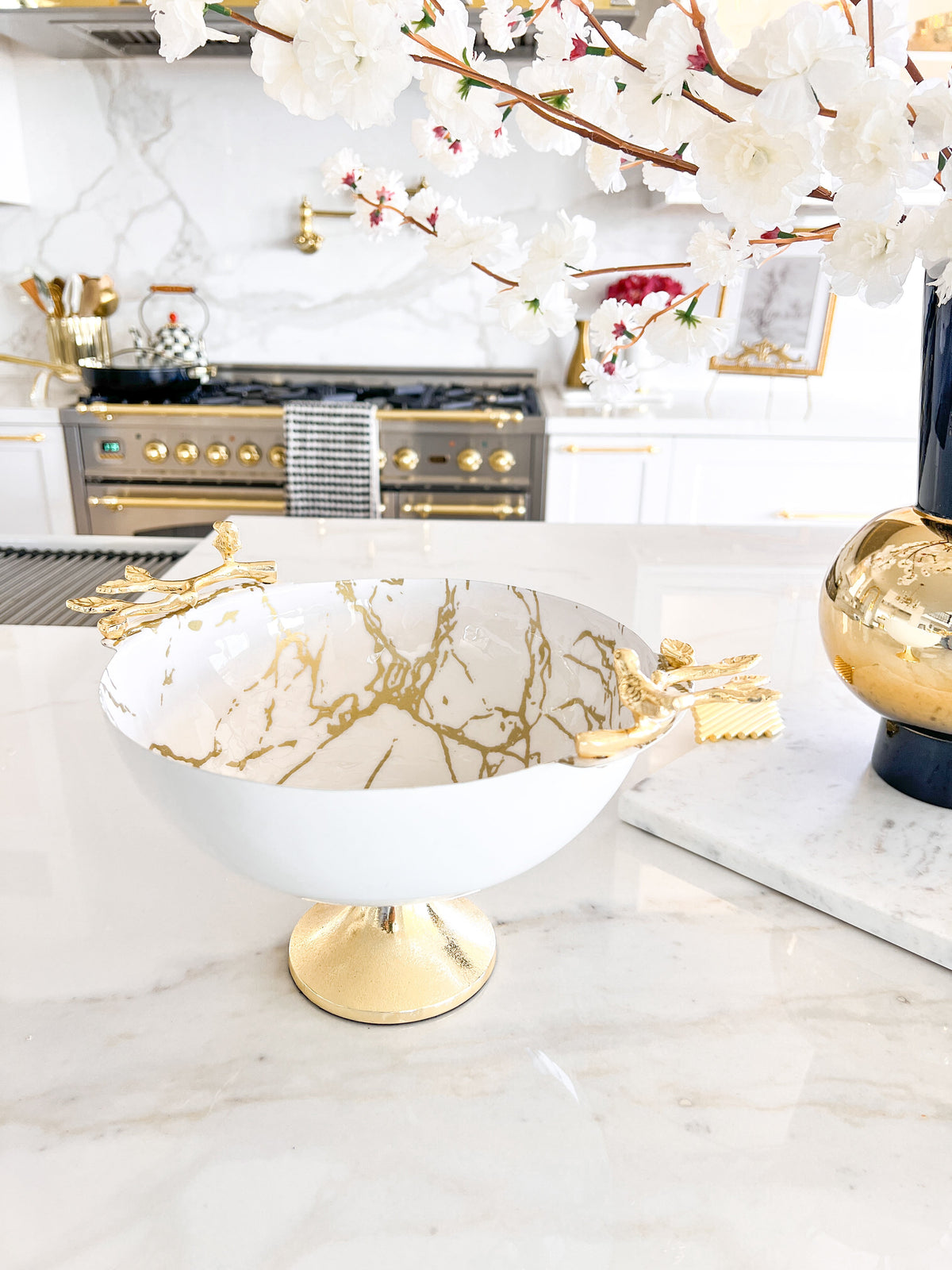White Footed Fruit Bowl with Gold Metal Base - view 2
