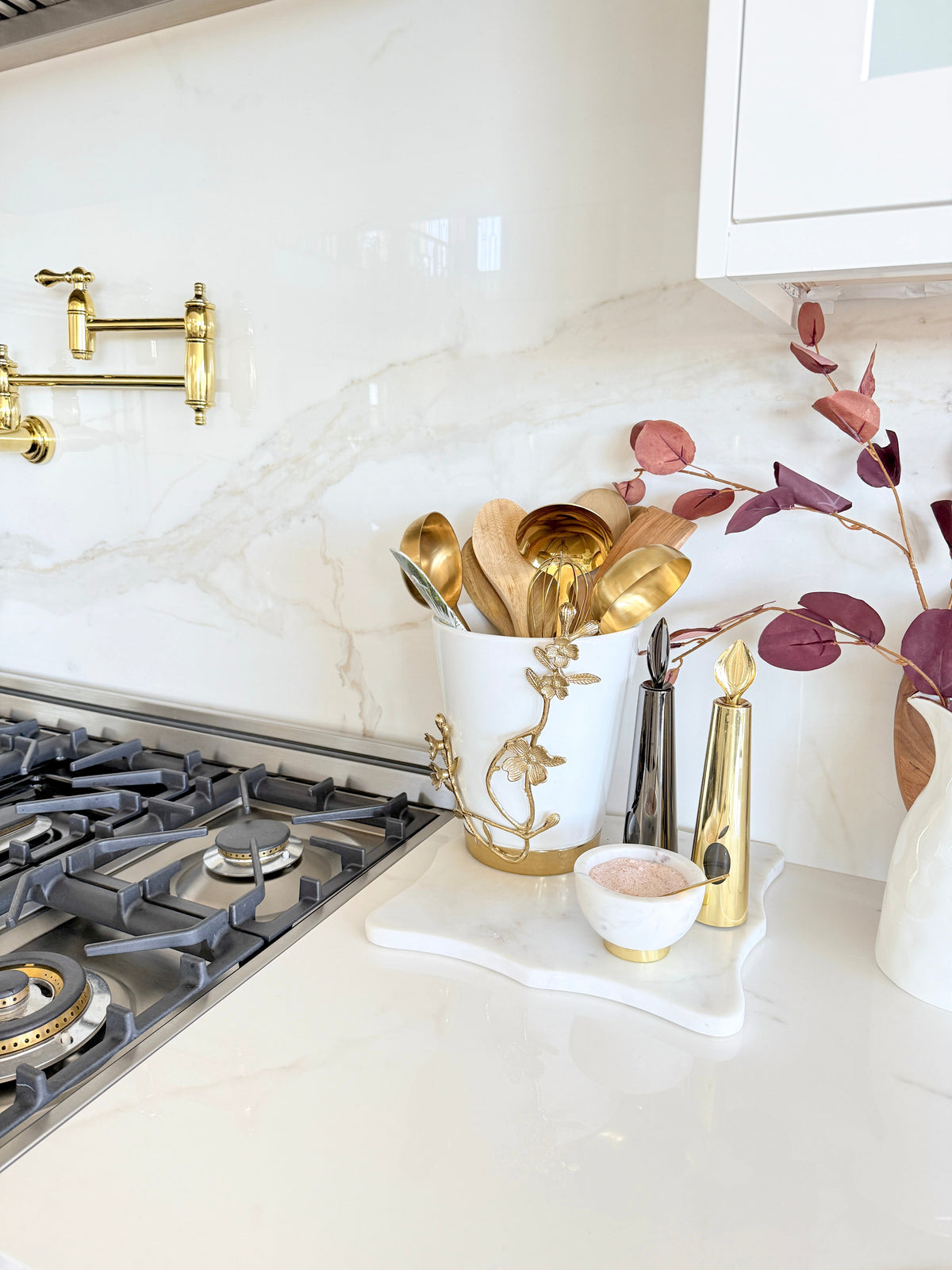 White Ceramic Utensil Holder with Gold Branch Base