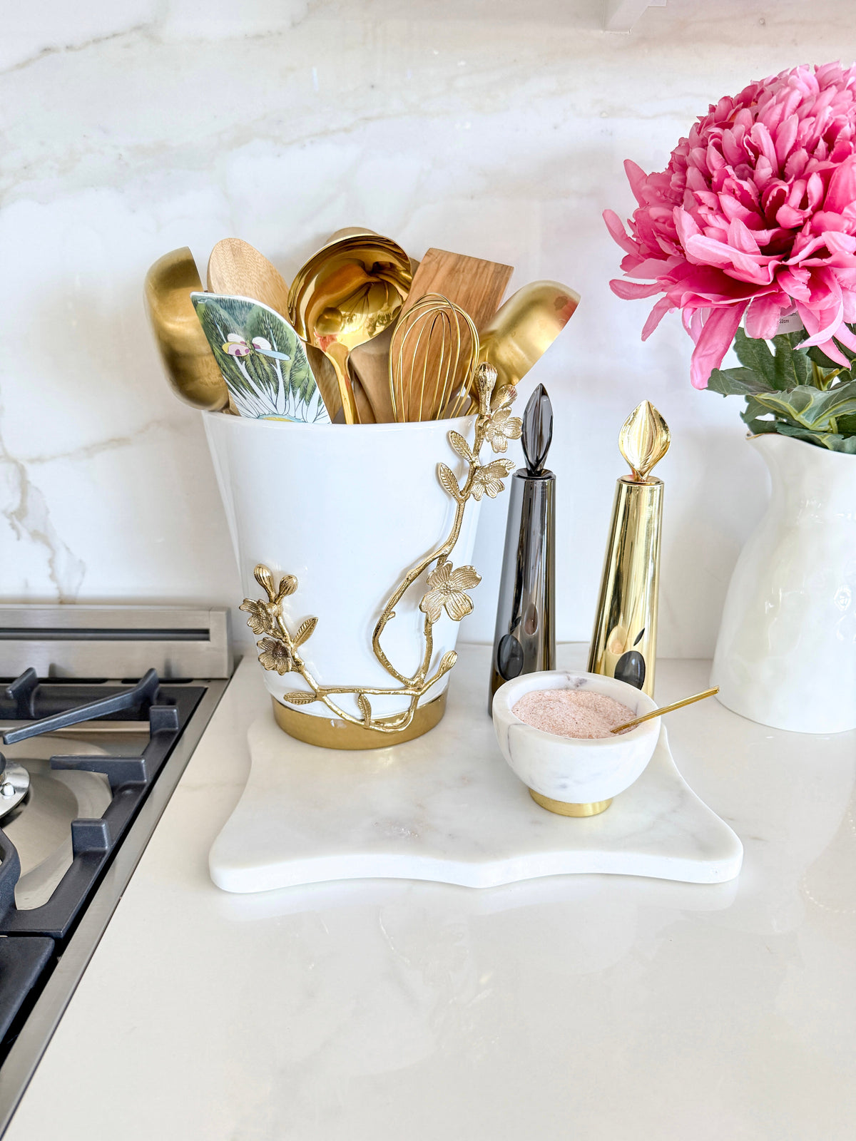 White Ceramic Utensil Holder with Gold Branch Base - view 2