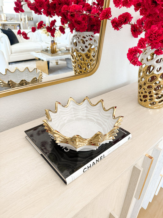 Gold-Rim Scalloped Ceramic Decorative Bowl