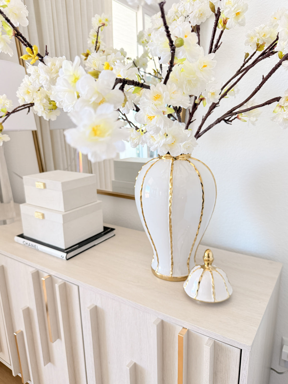 White & Gold Striped Ceramic Ginger Jar - view 3
