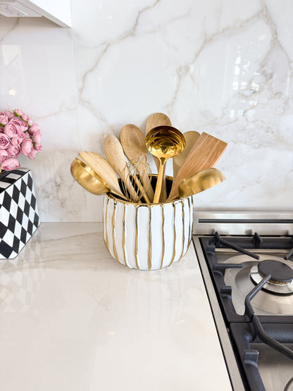 White & Gold Textured Ceramic Utensil Crock