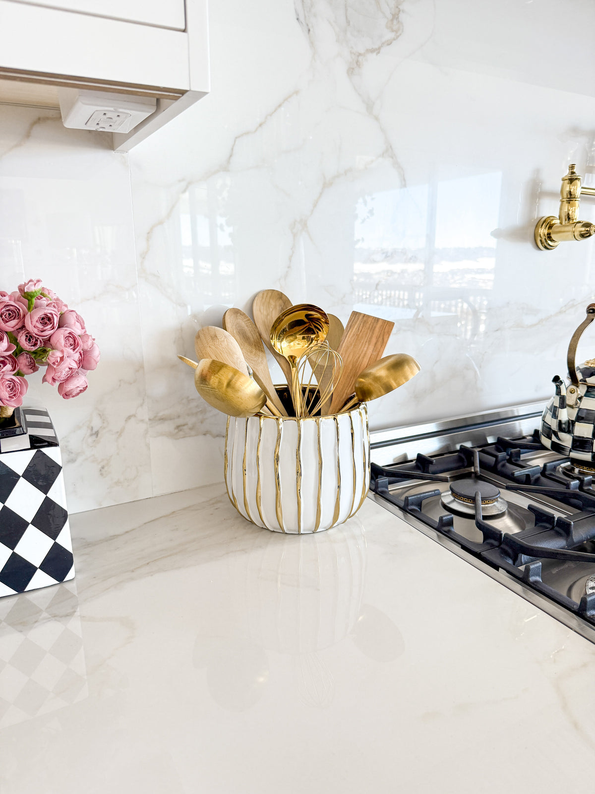 White & Gold Textured Ceramic Utensil Crock - view 2