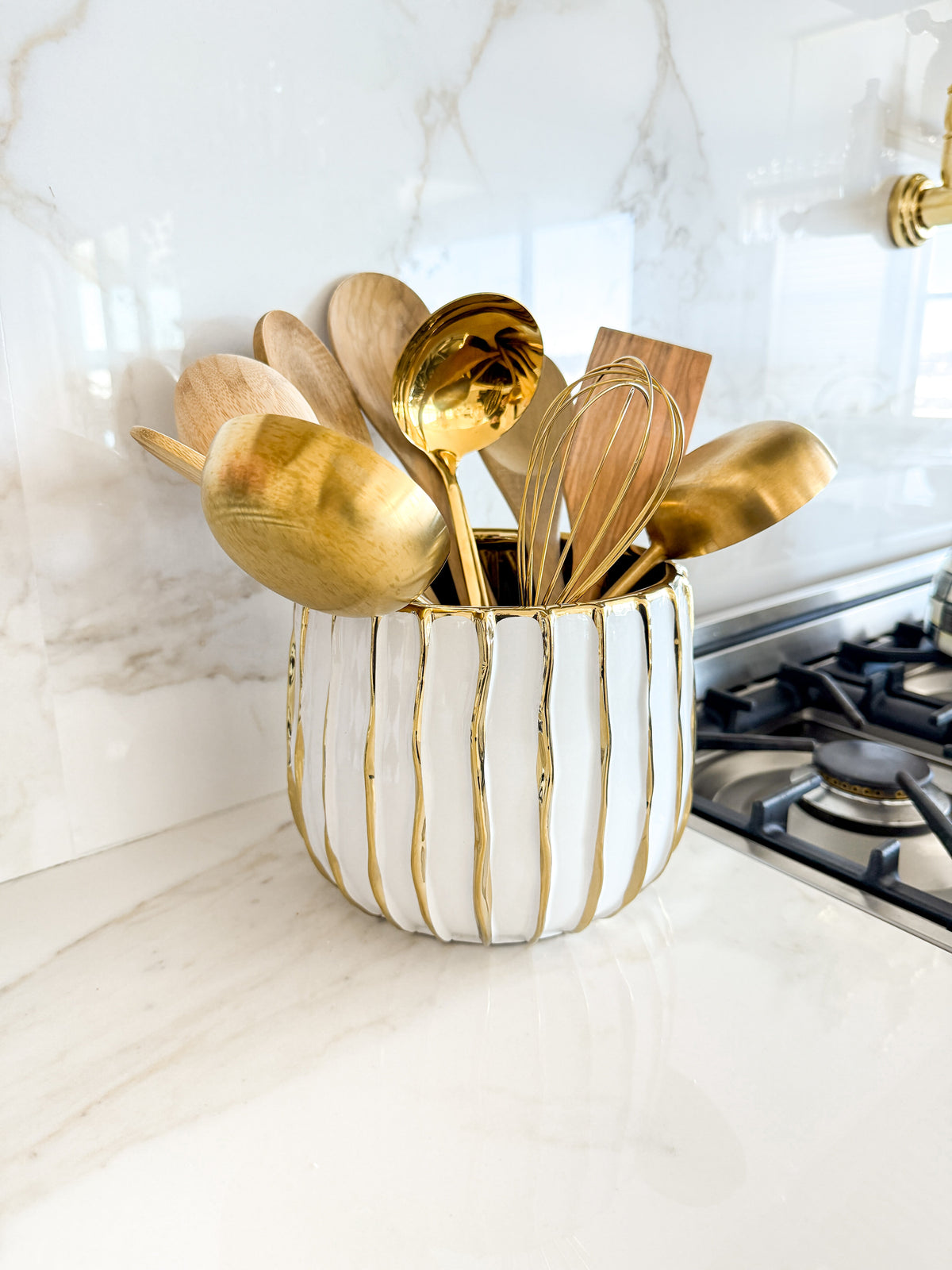White & Gold Textured Ceramic Utensil Crock - view 3
