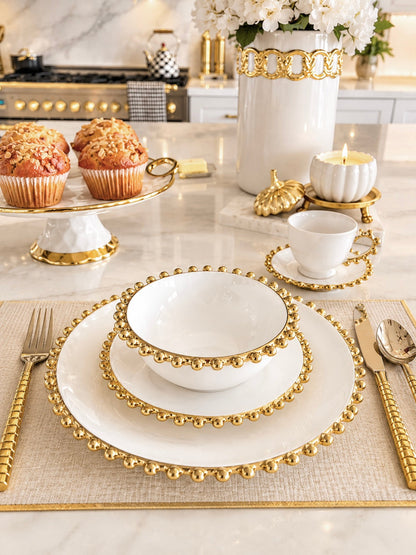 White & Gold Beaded 5-Piece Dinnerware Set