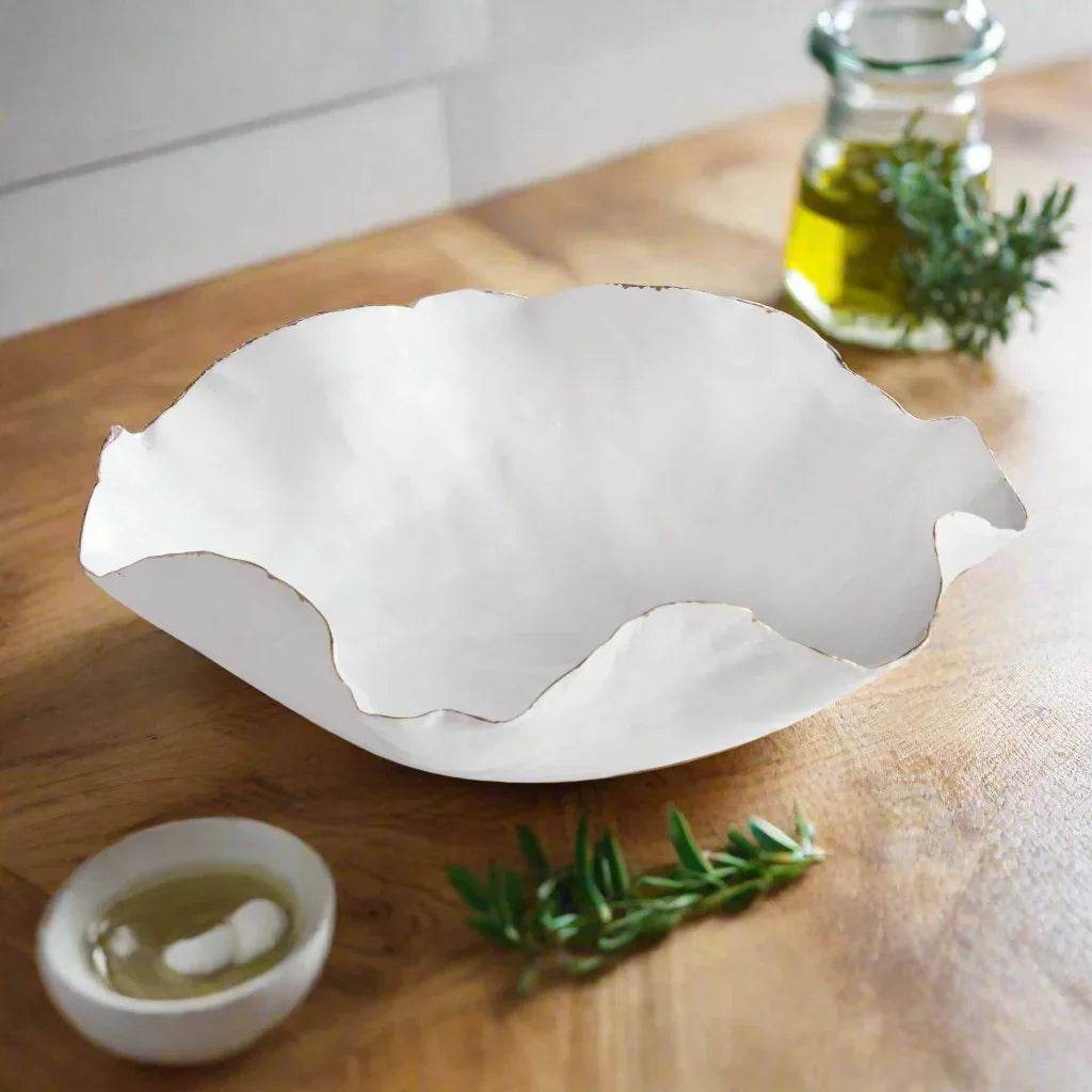 Coastal White Ceramic Decorative Tray with Gold Rim