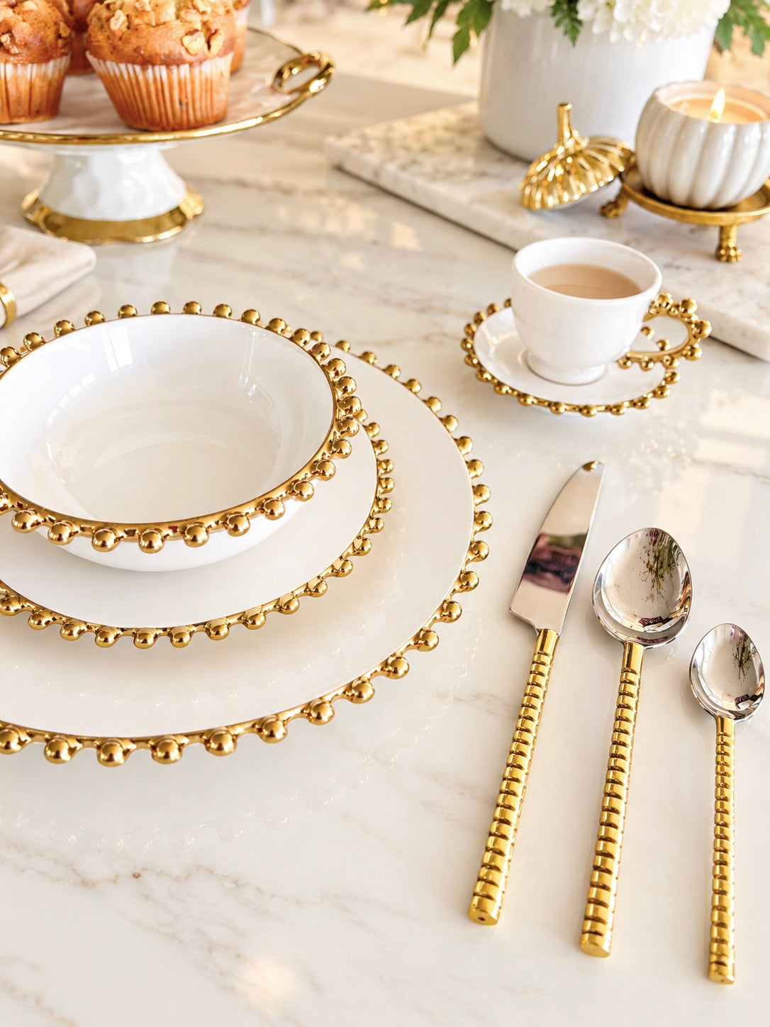 White & Gold Beaded 5-Piece Dinnerware Set - view 2