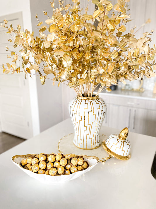 White Porcelain Boat Serving Bowl with Gold Rim